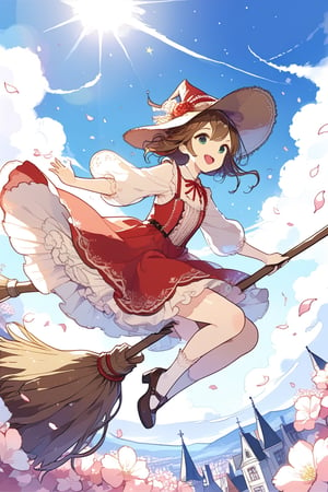 Illustration of a girl flying in the sky astride a magic broom. The girl is wearing a beautiful red dress with frills. beautiful eyes Smiling, happy, open mouth, beautiful brown hair. Upstyle hair, highly detailed and high quality illustrations. sunlight, blue sky, petals, clouds, from below, masterpiece, highest quality, aesthetic, 4K, official art, magic_broom