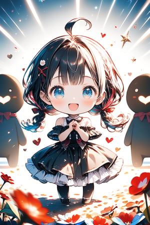 loli, girl, arabesque, concept art, cookie mascot, chocolate mascot, crowd of anime characters standing, background, flower field, half body shot, front view, dynamic angle, cowboy shot, rule of thirds, masterpiece, best quality, exquisite, cute, dreamcore, colored pencil drawing, soft surface, heart shape, soft edges, chibi, main artwork, motion blur, dramatic lighting, cinematic lighting, 1/1000 second shutter speed, in focus with blurry background, rich colors, happy, cheerful, joyful, smiling, laughing, cheerful smiling, hands on hips, making a heart with fingers, looking at viewer, ahoge, blunt bangs, low pigtails, braids, colorful hair, blue eyes, eyes wide open, shiny skin, chibi, skinny, off the shoulder top, frilly clothing, undressed, gothic lolita, ribbon, japanese idol, heartwarming scene,Deformed,glitter