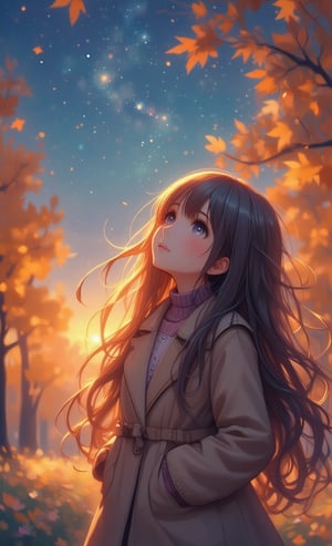 A scene in which a girl looks up at the autumn night sky and admires the stars. She is wearing a warm coat and has straight hair. The background is blurred, and the night sky with twinkling stars and trees with autumn leaves are softly depicted. Her expression is dreamy, reflecting the serenity and beauty of autumn. .,oil painting,VNS_Add more details