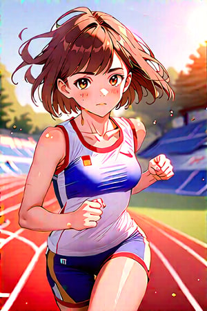 A girl (brown eyes, brown hair, short hair, athletic clothes), looking at viewer, running, she is running on an athletic track, France 2024 Olympics///detailed image, detailed skin, blush, realistic eyes, masterpiece quality, light particles, attractive image.,anime style,flat style,Anime style