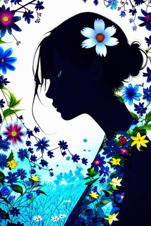 anime style, masterpiece,silhouette of a woman in profile. Inside the silhouette you can see the double exposure with a flower, masterpiece, ((double exposure)), proportional