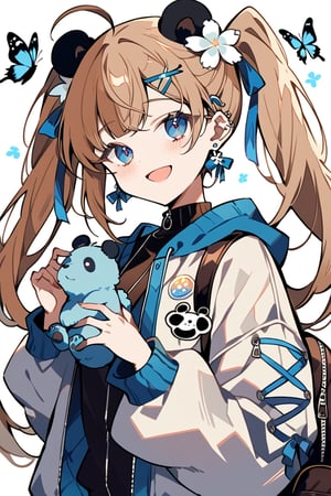 masterpiece, best quality, beautiful feel, 1 girl, solo, long hair, looking at viewer, blushing, smiling, open mouth, bangs, light brown hair, pigtails, hair accessory, ribbon, blue eyes, long sleeves, white background, holding, jewelry, very long hair, jacket, upper body, flower, ahoge, :d, earrings, hair clip, hair flower, bag, sleeves to wrist, stuffed animal, white jacket, backpack, stuffed animal, bug, x hair accessory, white flower, butterfly, puffy long sleeves, panda,flat style