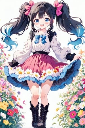 masterpiece, best quality, aesthetic, ((shot from below :1.4)), one girl, solo, looking at viewer, blushing, smiling, twintails, open mouth, bangs, blue eyes, skirt, simple background, black hair, hair accessory, long sleeves, full body, flowers, :d, multicolored hair, boots, frills, kimono, kimono-style dress, hair accessory, wide sleeves, kimono, black footwear, obi, floral pattern, red flowers, cross-laced footwear, high-heeled boots, colored inner hair,Anime style,anime,vspop,kawaii,1girl