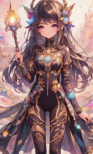 Generates an image of a beautiful young girl holding a glowing scepter at long range. She is making eye contact and sporting a gentle smile. She is wearing a very intricate skin-tight bodysuit. The bodysuit is primarily black with beautiful gold and azure accents like mystical ornaments. These ornaments are finely detailed and are placed around the shoulders, chest, waist and wrists. Her legs and arms are adorned with ornate patterns and designs. She wears an intricate tiara with glowing gemstones. The headpiece is also adorned with gold and blue jewels. Her expression is soft and ethereal, and her large expressive eyes sparkle with soft hues, reflecting the background of a pink castle landscape blurred by the shallow depth of field.,acryli painting,dal,oil painting,Anime style,colored pencil drawing