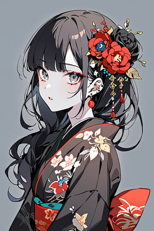 Masterpiece, best quality, beautiful sensation,
one girl, solo, long hair, staring at viewer, bangs, black hair, hair ornament, jewelry, upper body, flowers, earrings, open lips, kimono, hair flower, blunt bangs, kimono, from the side, gray eyes, makeup, piercing, floral print, red flowers, ear piercing, pale skin, lace, black kimono, black flowers,flat style