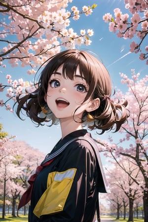 Masterpiece, beautiful details, perfect focus, uniform 8K wallpaper, high resolution, RAW photo, brown hair, medium curly hairstyle, clear sparkling deep eyes, smile, happy, open mouth,
A dreamy girl wearing a sailor suit is looking up at the sky while walking along a row of cherry blossom trees blown by the evening breeze. Watercolor illustration, anime style portrait of a teenager with a cute smile, one girl,perfect light,CherryBlossom_background,1girl