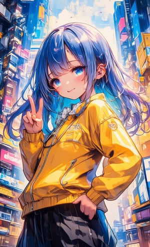 In a colorful cityscape with an isometric design, a girl wearing a pop yellow jacket stands with a happy smile on her face. She has straight hair down to her shoulders and her hair color is bright blue. Her blue eyes sparkle, one hand on her hip and the other making a peace sign. The buildings and street lights in her background complement her bright atmosphere and add vibrancy to the whole image.