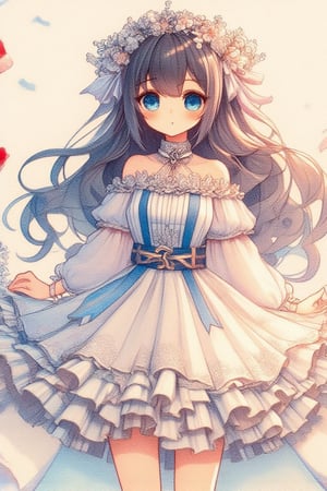 In this breathtaking 8K animated masterpiece, a serene anime-style girl with long black hair cascading down her back like a velvet waterfall gazes into the distance with piercing blue eyes and delicate light brown eyebrows. Her slender figure is draped in a flowing white dress adorned with intricate white flowers, cinched at the waist by a shimmering blue belt. A dainty flower crown rests atop her wavy locks as she stands poised, her ruffled white wings fluttering softly behind her in a whimsical dance. The warm lighting casts a soft glow on the scene, set against a subtle gradient of gentle blues and whites,colored pencils