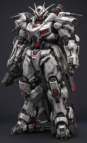 Masterpiece, photorealistic, full body, robot figure, mecha, white and black body color, red accent color mecha, cool robot, stunning 3D rendering, spectacular textures, viewer display, metal textures, cool poses, Gundam, detailed images, diorama, vignette, 8K wallpaper quality, stunning images.,--2:3,resin,real robot