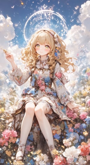 A girl wearing a floral dress is sitting in a flower garden filled with colorful flowers. Her hair is bright yellow in colorful braids. Her eyes sparkle with happiness as she gazes at the beautiful flowers around her. In the background, a blue sky and white clouds are spread out, and symbols of hearts and stars are dancing. She is depicted smiling happily and picking a single flower. Butterflies dance around her, creating a cute atmosphere as if flower spirits are gathering around her.
anime,Detailed Anime,cute,beautiful_female_fingers,fantasy girl