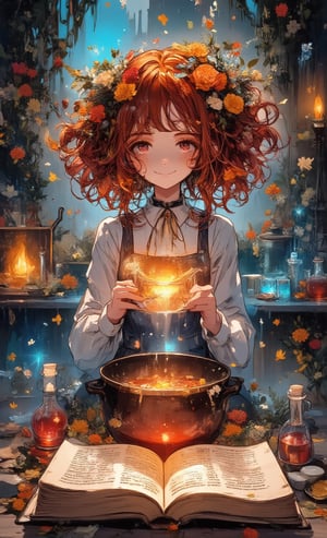 A witch girl is making a potion while opening an old book. Her hairstyle is afro and her hair color is red. Medicinal herbs and flowers are scattered around her as she smiles, and the potions in the cauldron sparkle in various colors. The camera shoots directly in front of her, and as a special effect, light leaks from the book, illuminating her mysteriously. ,acryli painting,colored pencil drawing