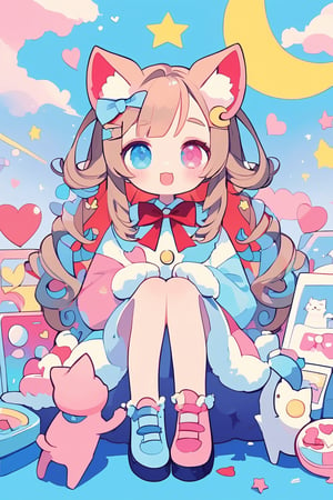 In a vividly colored, POP Art-inspired scene, a girl with long, curly light brown hair and red inner locks sits proudly, her bright blue eyes shining with joy. Her straight bangs fall just above her eyebrows, which are adorned with a single braid hairpin. A crescent-shaped hairpin graces the side of her head, while fluffy cat ears sprout from her temples. She wears a big, red ribbon as a bow tie and sports a cheerful grin, her open mouth showcasing a hint of mischief.

The focal point is an endearingly dressed character, sporting oversized bows, lace, and ribbons on their playful outfit. This adorable figure is surrounded by a whimsical array of floating hearts, stars, candies, and other dreamy elements, all in a pastel color palette with glittering accents. The artwork overflows with vibrant colors, capturing the essence of Dal6's heterochromia style.