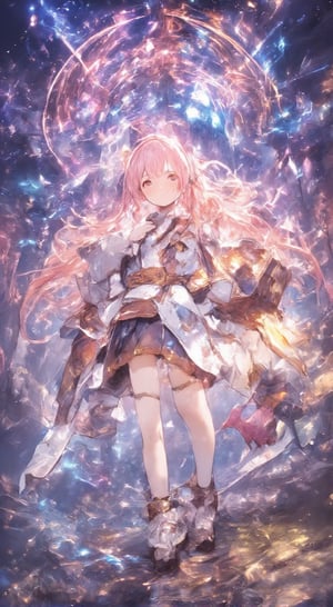 A cute girl is standing in front of a fantastic castle. Her hair is long and bright pink, and her dress is pale blue, with star patterns all over it. The background features a castle tower, clouds floating in the sky, and shining star effects. She stares at the castle with a dreamy look on her face, hands on her chest. Flowing light surrounds her, creating a fantastical atmosphere that makes you feel as if you are in a magical world.
anime,Detailed Anime,cute,beautiful_female_fingers,fantasy girl