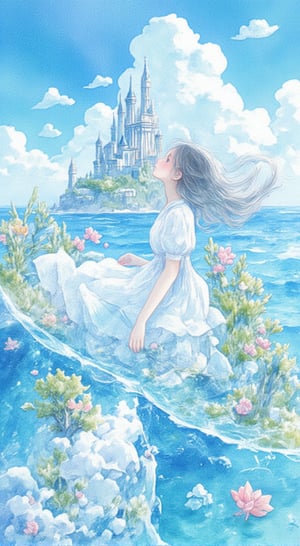  Rough sketch style,A cute girl is telling a story on a train running through the sea. Her long hair sways with the flow of the water, and her blue eyes are filled with dreams. Magical creatures and a fantastical coral castle are all around her, and her white dress flutters gracefully. The story in her mind is projected, and a beautiful seascape is double-exposed in the background. masterpiece ,
anime,beautiful_female_fingers,emoart,watercolor \(medium\)