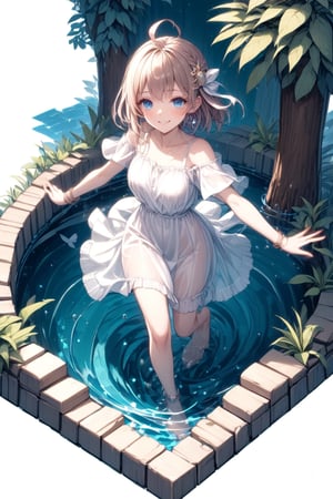 masterpiece,\\,(((Isometric design:1.8))),\\,Simple background,White background,\\,Single girl,Solo,Looking at viewer,Blushing,Smiling,Short hair,Fringe,Brown hair,Hair accessory,Ahoge,Dress,Jewelry,Blue eyes,Standing,Collarbone,Full body,Short sleeves,Outdoors,Barefoot,Daytime,Water,White dress,Bracelet,Tree,See-through,Barefoot,Outstretched arms,Nature,Playing in water,Forest,Outspread arms,See-through silhouette