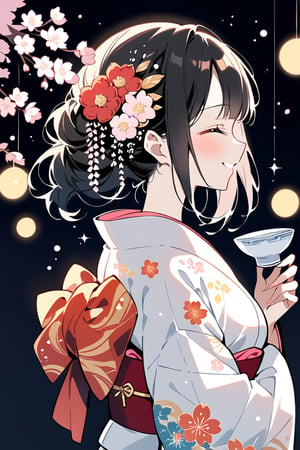 Masterpiece, Top Quality, Beautiful Feeling, 1 Woman, Solo, Blush, Smiling, Bangs, Black Hair, Hair Ornament, Holding, Mouth Closed, Eyes Closed, Upper Body, Flower, Kimono, Hair Flower, Kimono, Odangou Hair, Side View, Cup, Sake Cup, Obi, Sparkle, Profile, Obi, Floral Pattern, Single Odangou Hair, Black Background, Cherry Blossoms, Sake Cup Holding, Light Particles, Sake Cup, Bokeh,flat style