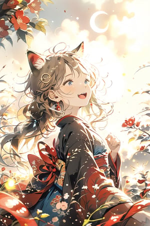 Masterpiece, highest quality, aesthetic, traditional media,
\\character
  1 Girl, Solo, Looking at camera, Blue eyes, Clear eyes, Smile, Happy, Open mouth, (Fluffy cat ears: 1.1), Cheeks, Ahoge, Brown hair, Single braid, (Red inner hair: 1.3 ), (straight bangs: 1.5), ((big red ribbon: 1.5)), (crescent-shaped hair ornament: 1.3), chest, mid-chest, cleavage, crystal earrings,
break
person, long sleeves, mouth closed, standing, flowers, Japanese clothes, wide sleeves, kimono, sash, floating hair, obi, red flowers, wind, branches, black kimono