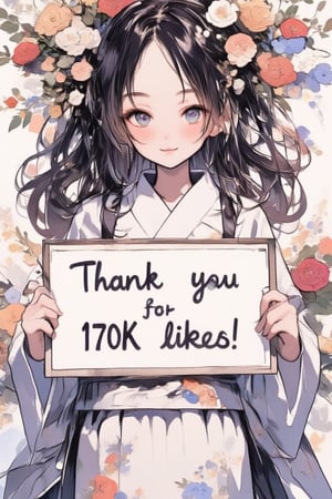 A very cute girl is holding a sign, and the sign says in English text "Thank you for 170K likes!". Text, illustration, details, realistic, kimono, floral kimono, obi, cowboy shot, Japanese pattern background, UHD, beautiful detailed eyes, beautiful details, warm smile.,acryli painting