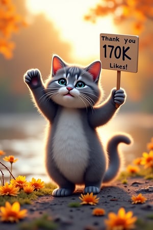 A realistic photo of a cute cat playing on the riverbank, a real-life gray American shorthair is holding up a placard in one hand. The placard reads "Thank you for 170K likes!" Autumn flowers are blooming all around, giving a feeling of autumn.