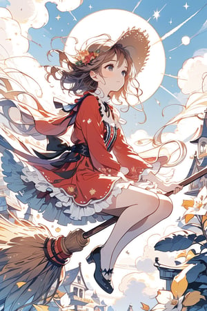 Illustration of a girl flying in the sky astride a magic broom. The girl is wearing a beautiful red dress with frills. beautiful eyes beautiful brown hair. Upstyle hair, highly detailed and high quality illustrations. sunlight, blue sky, flowers, from below, masterpiece, highest quality, aesthetic, 4K, official art, magic_broom