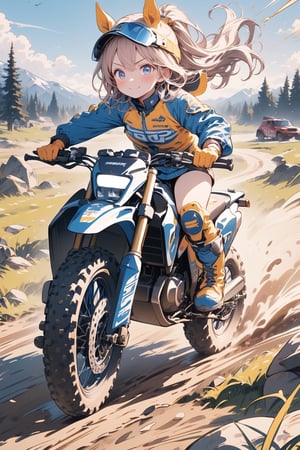 Masterpiece, beautiful details, perfect focus, uniform 8K wallpaper, high resolution, exquisite texture in every detail, score_7_up, deformed, 1girl, solo, long hair, blush, smile, blue eyes, blonde hair, gloves, closed mouth, Jacket, full body, boots, V-shaped eyebrows, helmet, ground vehicle, automobile, horse riding, knee pads, motocross bike, motorcycle, orange gloves