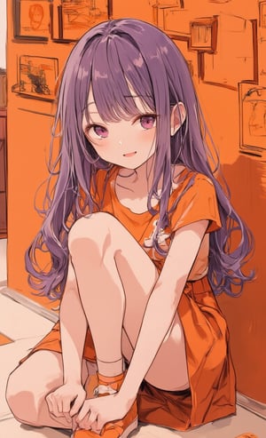 A smiling girl is posing on one knee with an orange wall in the background. She has straight purple hair with bangs that gently frame her face. She is wearing a top and skirt with a modern design, and orange shoes can be seen on her feet. The camera is angled from above, highlighting her bright smile and fashion sense. The room is surrounded by orange artwork, and the walls are decorated with paintings she has drawn herself. Her expression exudes confidence and creativity, giving the feeling of being drawn into the world of art. ,Anime style,acryli painting