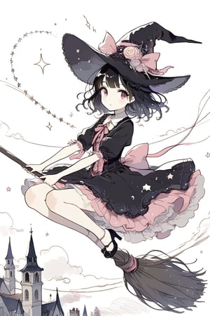 Illustration of a magical girl flying in the sky astride a magic broom. The girl is wearing a pink gothic Lolita style outfit. Girl is wearing a large ribbon on her head. Beautiful eyes. Beautiful black hair. Very detailed and quality illustration. masterpiece, top quality, aesthetic, 4K, Official Art, magic_broom,(Pencil_Sketch:1.2
