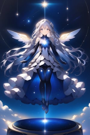 A mecha girl sitting on a delicately carved pedestal in the vastness of outer space. Her long hair, shining silver like stars, floats in the weightlessness. Her smiling eyes gaze into the infinite universe. The costume is a combination of a bodysuit and a dress, and features a constellation pattern. He holds a shining star staff in his hand, and mechanical wings spread out from his back, reflecting the light of the stars. A meteor shower dances around her, emphasizing how her presence is in harmony with the beauty of the universe. Detail, ink paint