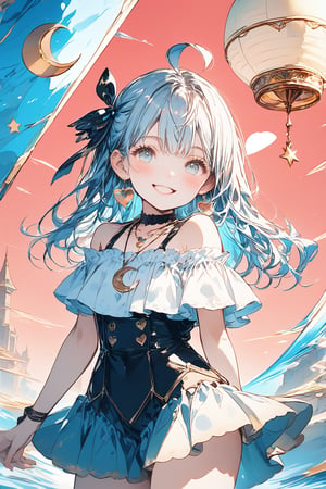 masterpiece, top quality, high quality, exquisite, beautiful, background, girl, dancer, fantasy map, happy, glad, fun, blissful, cheerful, smiling, laughing, cheerful smile, wink, dancing, looking at viewer, front view, ahoge, hair between the eyes, blunt bangs, half up, long hair, light blue hair, blue eyes, shiny skin, tall, curvy, skinny, idol, ruffled clothing, off-the-shoulder top, hair ribbon, earrings, necklace, pink background, cute, kawaii punk, anime poster, main artwork, flat illustration, heart shape, star shape, crescent shape, hard edges, soft surfaces, doodle, embossed paper, cowboy shot, front view, dutch angle shot, cowboy shot, golden ratio, leaping figure composition, sharp, double exposure, bloom, studio lighting, cinematic lighting, tilt-shift lens, shallow depth of field, dramatic contrast, pastel colors,Deformed,glitter,emo