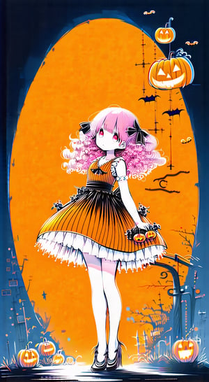 Rough sketch style, Anime-style medium-chested girl wearing a cute pumpkin-themed dress. The dress is orange and black striped and features frills and ribbons. Her hairstyle is fluffy curls and her hair color is bright pink. The background is bright orange, and inside the oval are floating jack-o-lanterns and Halloween decorations, creating a fun atmosphere.