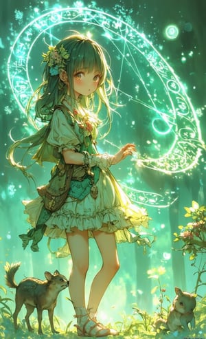 A smiling girl has long green hair and wears a leaf hair ornament. She wears a frilly dress made of natural materials and plays with the animals around her. The background is a simple forest color, and inside the circle is a double exposure of a mystical pond surrounded by fantastic light. The camera looks up at her from a low angle, and a soft light effect surrounds her, creating a dream-like atmosphere.,fantasy girl,cool_Anime