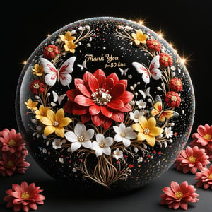 (Top quality, 8K, high resolution, masterpiece), ultra detailed, simple background, flowers, crystal sphere, black background, (text "Thank you for 80K likes~ "): 1.6), gypsophila, stars, butterflies, red, yellow, white flowers, colorful gypsophila,glitter,shiny