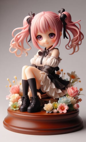 This beautiful resin model depicts a smiling anime-style girl sitting on a circular wooden pedestal decorated with colorful flowers. Her long, shiny pink hair is tied in twin tails and adorned with ribbons. She wears a gothic lolita-inspired dress in a black and white color scheme that hugs her curves and exudes cuteness. The softly lit, blurred background really makes the character stand out. ,3D rendering of the figure,create figure 2