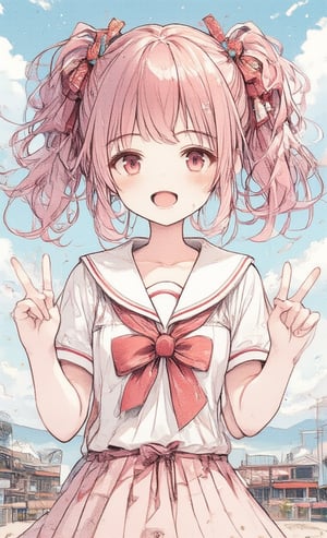 1 girl, solo, looking at viewer, blushing, smiling, mouth open, bangs, shirt, red eyes, bow tie, ribbon, school uniform, collarbone, hair ribbon, upper body, pink hair, short sleeves, hair ribbon, outdoors, one eye closed, sky, teeth, sailor uniform, daytime, clouds, bow tie, sailor collar, red bow tie, side ponytail, red ribbon, blue sky, hands up, V, buttons, upper teeth only, ;d, red bow tie, white sailor collar, double V,acryli painting,Anime style,ct-animepopstyle,colored pencil drawing