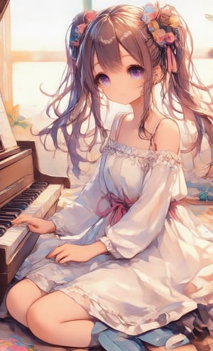 1 girl, solo, long hair, looking at viewer, blushing, smiling, bangs, blue eyes, brown hair, hair accessory, long sleeves, dress, ribbon, off shoulder, pigtails, sitting, mouth closed, purple eyes, flower, hair clip, looking back, flower in hair, off shoulder, from behind, sunrise, blurry, white dress, window, curtain, musical instrument, music, playing instrument, piano, grand piano,oil painting,acryli painting,Anime style,Made of adrr-zllj,colored pencil drawing,glowingstyle