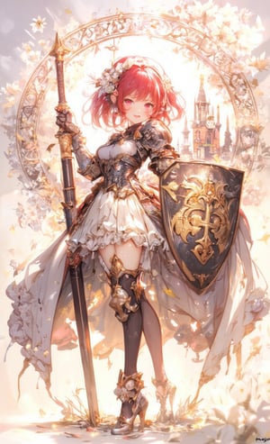 A cute smiling girl is rocking a bright red bob cut and a golden crown on her head. She wears a frilly white dress over her armor and holds a sword in one hand and a shield in the other. Behind the simple background is a double exposure of a beautiful castle scene inside a circle. The camera is angled from below to emphasize her brave stance, adding a light lens effect and a star-like effect scattered around her. .,fantasy girl,cool_Anime