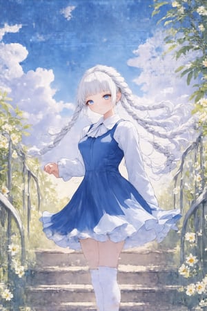 Masterpiece, top quality, very aesthetic, absurd,
overhead, 1 girl, solo, long hair, looking at viewer, blush, bangs, blue eyes, long sleeves, dress, mouth closed, chest, medium chest, braids, white hair, pantyhose, boots, outdoors, ruffles, sky, clouds, blunt bangs, flower petals, blue dress, thick eyebrows, cloudy sky, white pantyhose, stairs,Watercolor