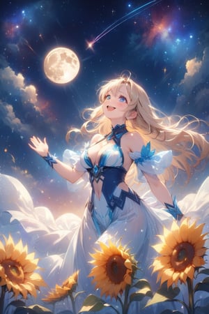 masterpiece, top quality, super detailed, perfect hands, perfect anatomy, high details, detailed background, full body, medium bust, very cute face, beautiful face, super detailed face, cute round face, (view from below), girl standing in a flower field looking up (full moon), medium bust, celestial maiden outfit, shiny blonde hair, long hair, sapphire eyes, round eyes, raising hands to the sky, from the side, smiling, happy, mouth open, looking up to the sky, (shooting star), (nebula), sunflower, (warm light source: ), intricate details, volumetric lighting, (atmospheric lighting), fantasy, score_9, score_8_up, score_7_up,noc-mgptcls