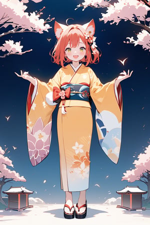 Masterpiece, beautiful details, perfect focus, uniform 8K wallpaper, high resolution, exquisite texture down to the smallest detail, one girl, solo, looking at viewer, blushing, smiling, open mouth, bangs, long sleeves, animal ears, standing, full body, flowers, :d, red hair, kimono, wide sleeves, kimono, odango hair, animal ear hair, obi, double odango, obi, floral pattern, zori sandals, pink flowers, branches, patterned kimono, zori sandals, orange kimono,kawaiitech