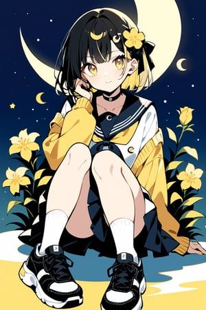 Masterpiece, Top Quality, Beautiful Feeling, One Girl, Solo, Looking at Viewer, Short Hair, Bangs, Skirt, Blonde Hair, Black Hair, Hair Accessory, Long Sleeves, Ribbon, Jewelry, Sitting, Mouth Closed, School Uniform, Full Body, Yellow Eyes, Flowers, Hair Ribbon, Multicolored Hair, Sky, Shoes, Sailor Suit, Choker, Socks, Hair Flower, Black Skirt, Sailor Collar, Black Footwear, Night, Moon, Cardigan, White Socks, Crescent Moon, Sneakers, Stars \(Sky\), Knees Up, Starry Sky, Crescent Moon, Yellow Theme,flat style
