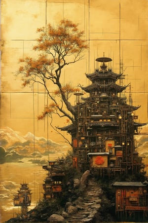 ((masterpiece)), ((best quality)), (a japanese painting with (plant of machinery:1.2) on a gold leaf with grid:1.2), rendered in ultra-high definition with UHD and retina quality, ((perfect_composition, perfect_design, perfect_layout, perfect_detail, ultra_detailed)), ((no-text:1.4)), ((no sentence:1.4)), (no human:1.2)