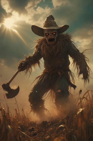 ((masterpiece)), ((best quality)), ((a scarecrow is berserker)), (jumping and swinging an axe), very angry, emit rays from one's eyes, (from direct below:1.2), in the farm, flat, rendered in ultra-high definition with UHD and retina quality, ink