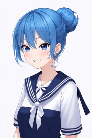 1girl, virtual youtuber, solo, blue hair, long hair, blue eyes, white background, earrings, jewelry, simple background, hair bun, sailor collar, star \(symbol\), official alternate hairstyle, from side, official alternate costume, upper body, official alternate hair length, white sailor collar, shirt, profile, closed mouth, school uniform, ribbon, hair ribbon, white shirt, neckerchief, white ribbon, single hair bun, serafuku, smile