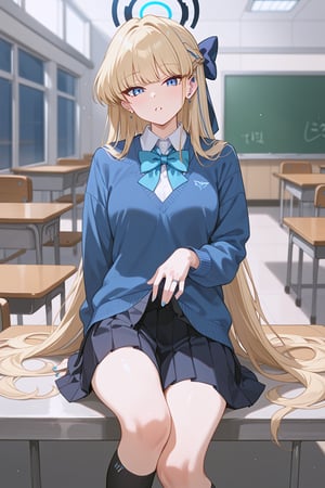 score_9, score_8_up, score_7_up, score_6_up, score_5_up, score_4_up, source_anime, 
ultra-detailed eyes, 

toki-schooluniform, toki \(blue archive\), blue eyes, blonde hair, long hair, halo, school uniform, bowtie, blue sweater, black skirt, pleated skirt, black socks

,beautiful_female_fingers,