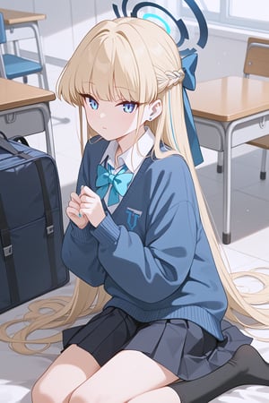 score_9, score_8_up, score_7_up, score_6_up, score_5_up, score_4_up, source_anime, 
ultra-detailed eyes, 

toki-schooluniform, toki \(blue archive\), blue eyes, blonde hair, long hair, halo, school uniform, bowtie, blue sweater, black skirt, pleated skirt, black socks

,beautiful_female_fingers,BA_game_style