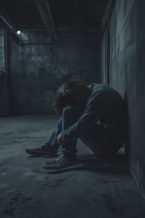 long distance view , view from front, photography shot style, hdr, An empty dark industrial room with a man with long hair wavy sitting crossed legs wearing converse shoes on the floor, leaning against a dark concrete wall. The person is curled up, head down, and hugging their knees, wearing a long sleeve t-shirt and jeans. The atmosphere conveys solitude, introspection, or emotional vulnerability, with a muted color palette and minimalist setting, in the dark background