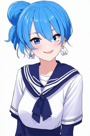 1girl, virtual youtuber, solo, blue hair, long hair, blue eyes, white background, earrings, jewelry, simple background, hair bun, sailor collar, star \(symbol\), official alternate hairstyle, from side, official alternate costume, upper body, official alternate hair length, white sailor collar, shirt, profile, closed mouth, school uniform, ribbon, hair ribbon, white shirt, neckerchief, white ribbon, single hair bun, serafuku, smile