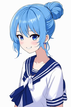 1girl, virtual youtuber, solo, blue hair, long hair, blue eyes, white background, earrings, jewelry, simple background, hair bun, sailor collar, star \(symbol\), official alternate hairstyle, from side, official alternate costume, upper body, official alternate hair length, white sailor collar, shirt, profile, closed mouth, school uniform, ribbon, hair ribbon, white shirt, neckerchief, white ribbon, single hair bun, serafuku, smile,hoshimachi suisei