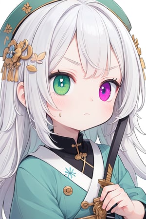 ((best quality)), ((masterpiece)), ((ultra-detailed)), extremely detailed CG, (illustration), ((detailed light)), (an extremely delicate and beautiful), a girl, solo, ((cute face)), (beautiful detailed eyes), 
messy hair, (loli), japanese sword, ((military uniform)), angry, Low Angle, tiny girl, petite, , High detailed, (Heterochromia iridum), messy hair