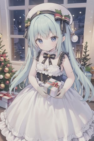 ((best quality)), ((masterpiece)), ((ultra-detailed)), extremely detailed CG, (illustration), a girl, solo, (White beard)), adorned in a Christmas-style hat and dress, holding a gift with anticipation. ready to present the gift.